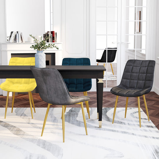 Lot de 4 chaises Melinda velours mix de couleurs (bleu, gris clair, gris foncé et jaune) et pieds dorés