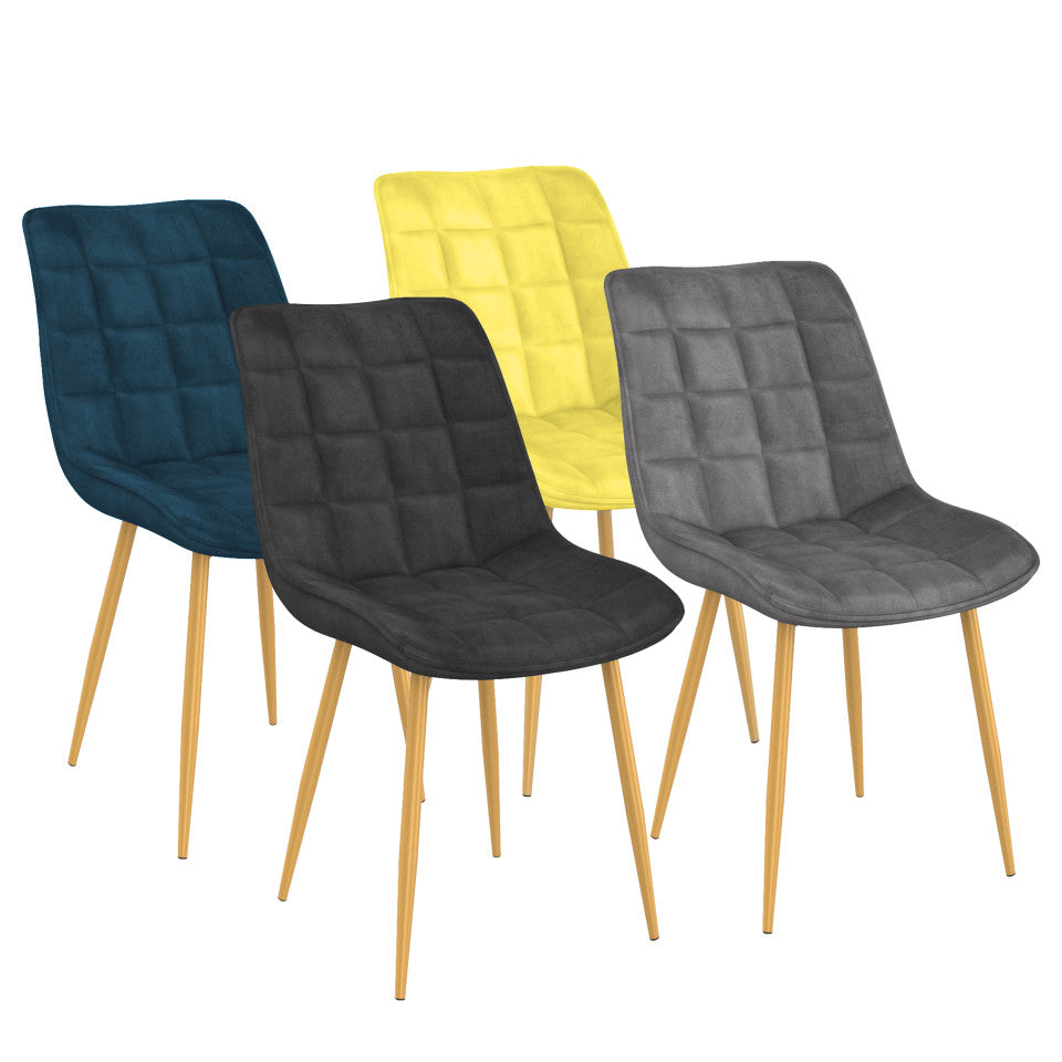 Lot de 4 chaises Melinda velours mix de couleurs (bleu, gris clair, gris foncé et jaune) et pieds dorés