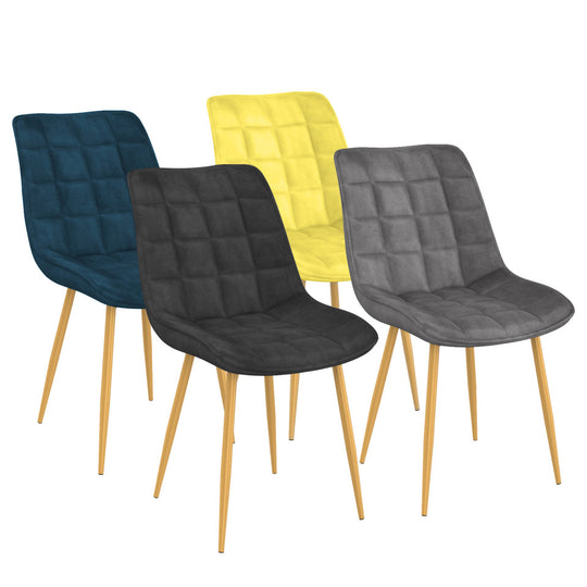 Lot de 4 chaises Melinda velours mix de couleurs (bleu, gris clair, gris foncé et jaune) et pieds dorés