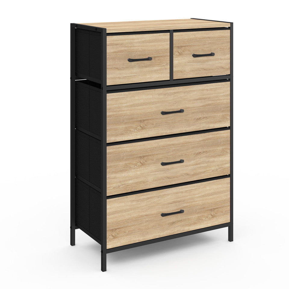 Chiffonnier Iris 5 tiroirs en bois et tissu