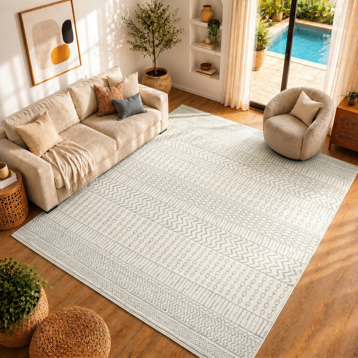 Tapis SURYA Hama scandinave bohème, motif frises gris clair sur fond blanc cassé, vue 10