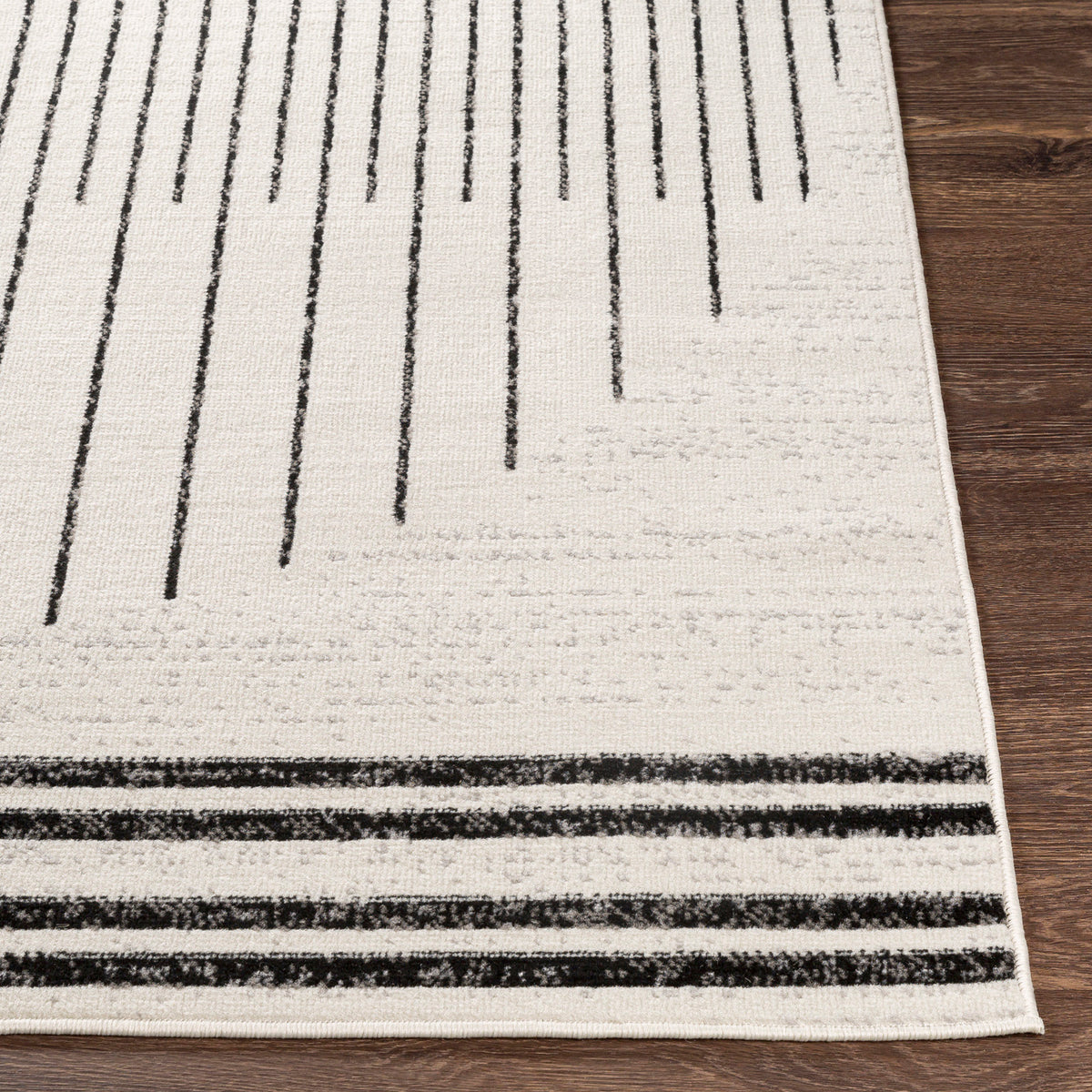Tapis de couloir SURYA Santiago scandinave, motif de cercles rayés noirs sur fond blanc cassé, vue 5
