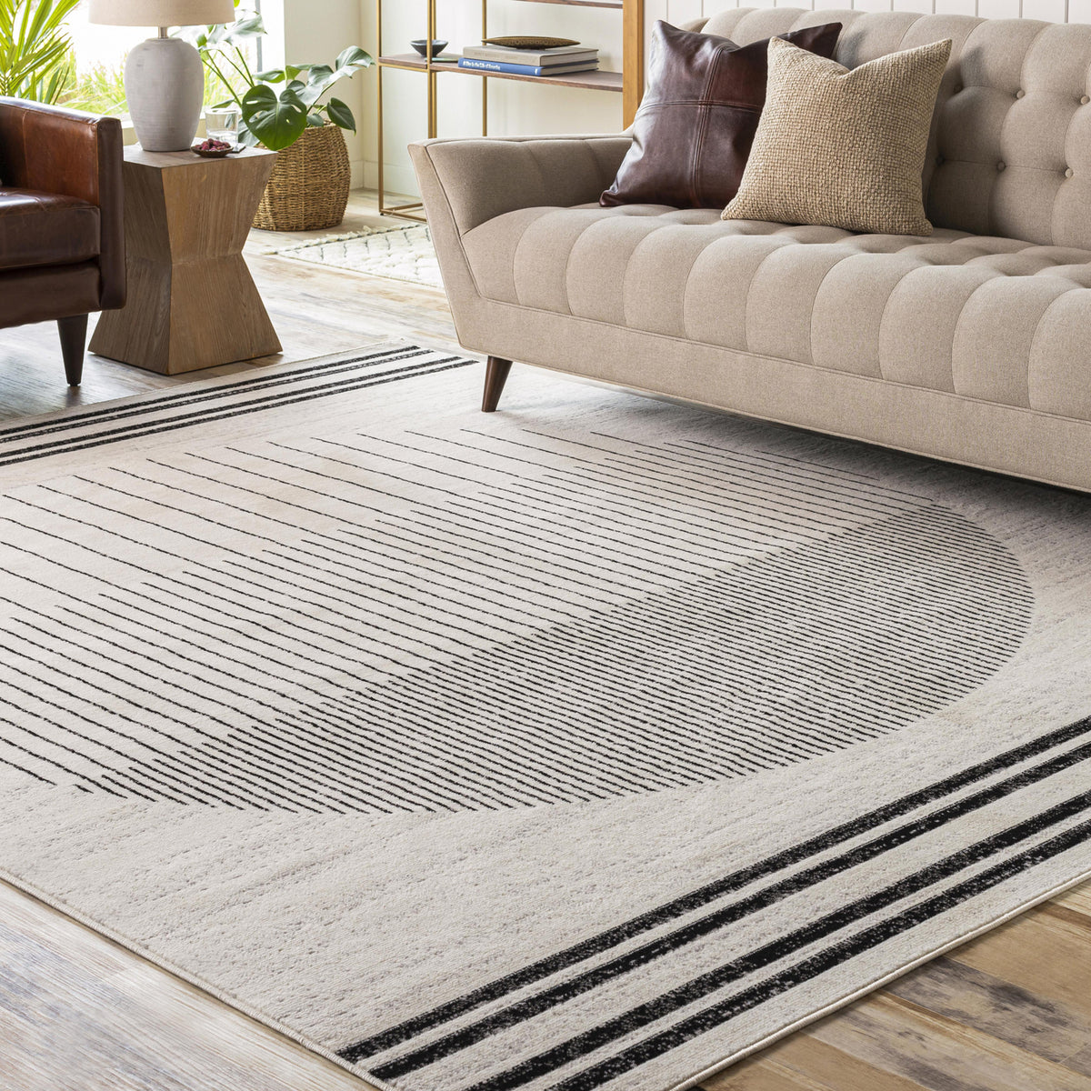 Tapis SURYA Enso scandinave, motif disque de lignes fines, blanc cassé et noir, vue 10