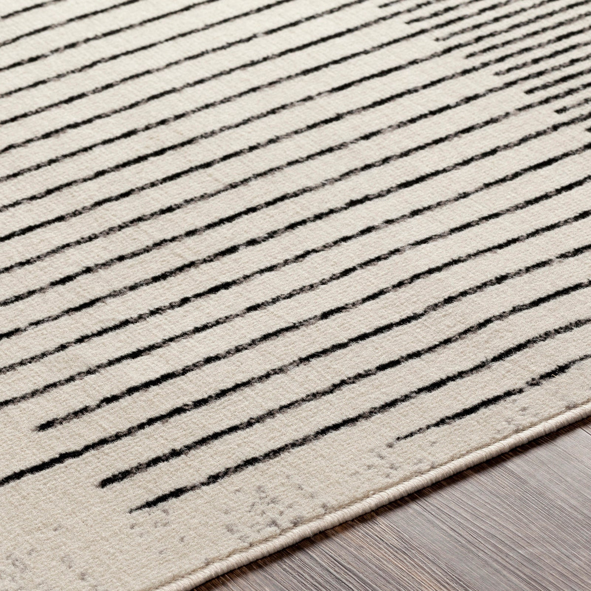 Tapis rond SURYA Santiago scandinave, motif cercle de rayures noires sur fond blanc cassé, vue 10
