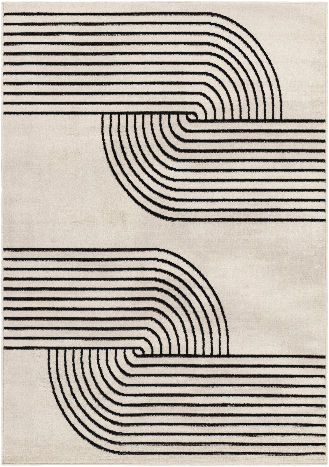 Tapis SURYA Constance rétro, motif arcs concentriques, blanc cassé et noir, vue 8
