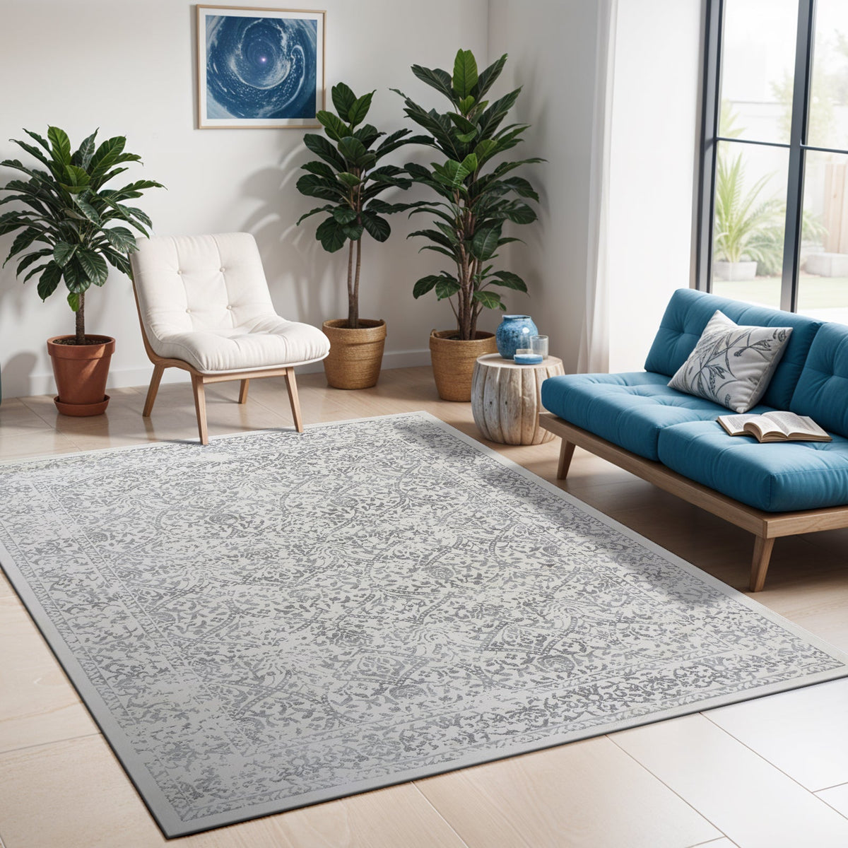 Tapis de couloir SURYA Ejura oriental vintage, motif floral délavé gris sur fond blanc cassé, vue 11