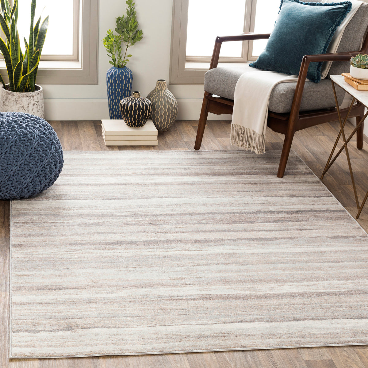 Tapis SURYA Dusel scandinave, motif stries horizontales, taupe, gris et blanc