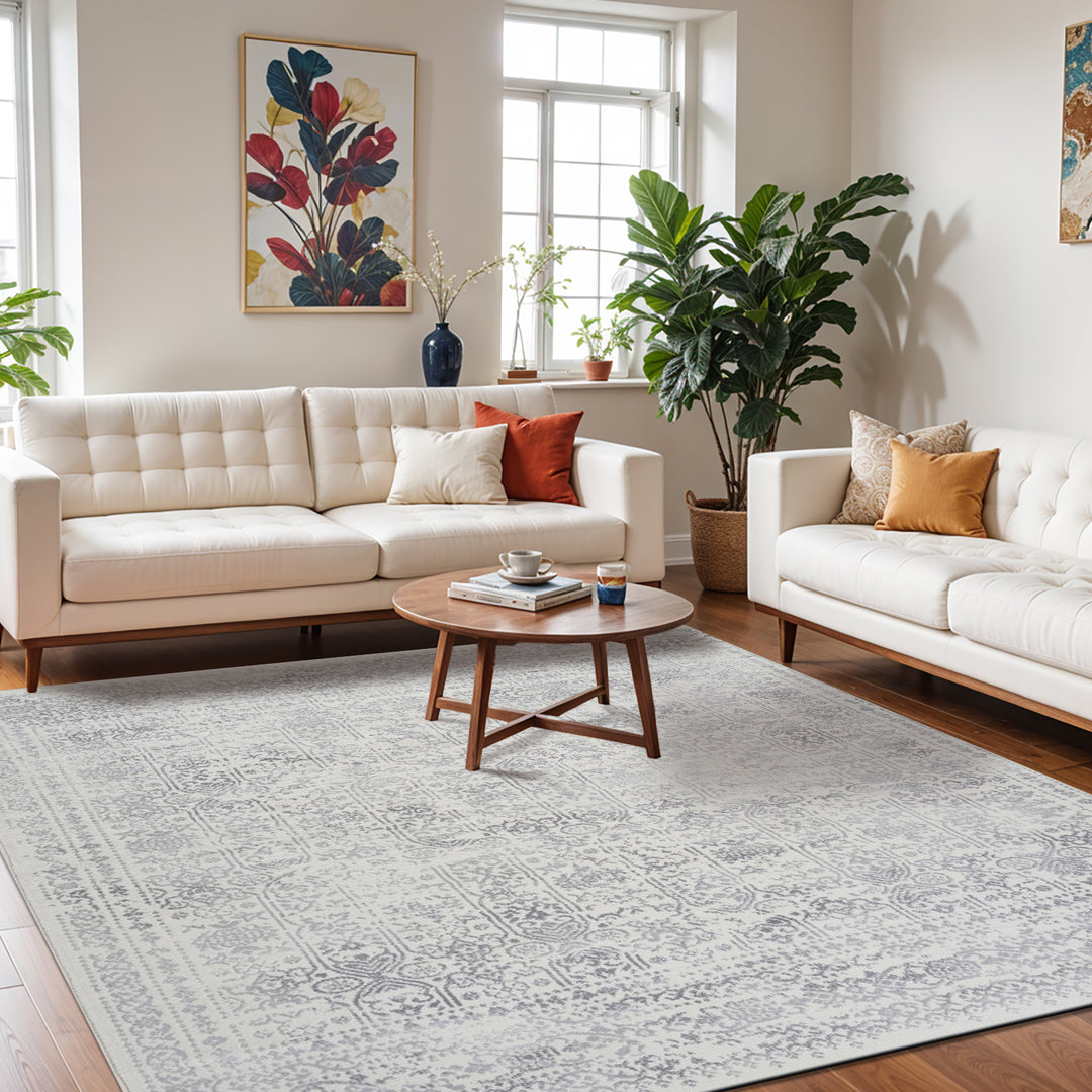 Tapis Rond Vintage Oriental Ivoire/Gris Rond Ottawa