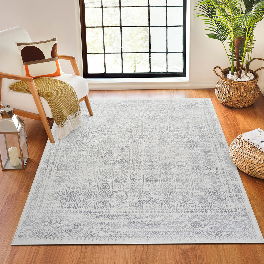 Tapis Rond Vintage Oriental Ivoire/Gris Rond Ottawa