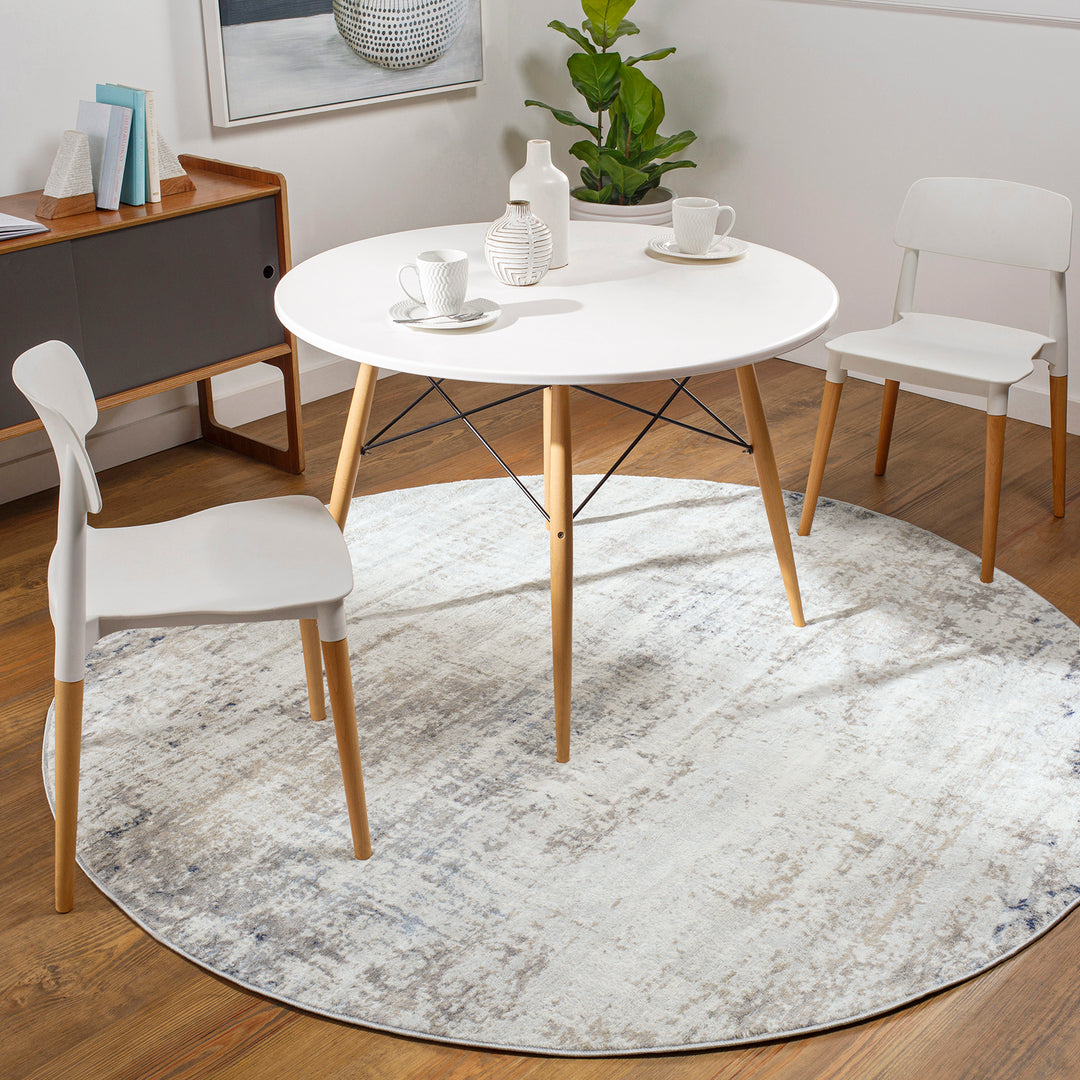 Tapis Rond Abstrait Moderne Ivoire/Gris/Bleu Rond