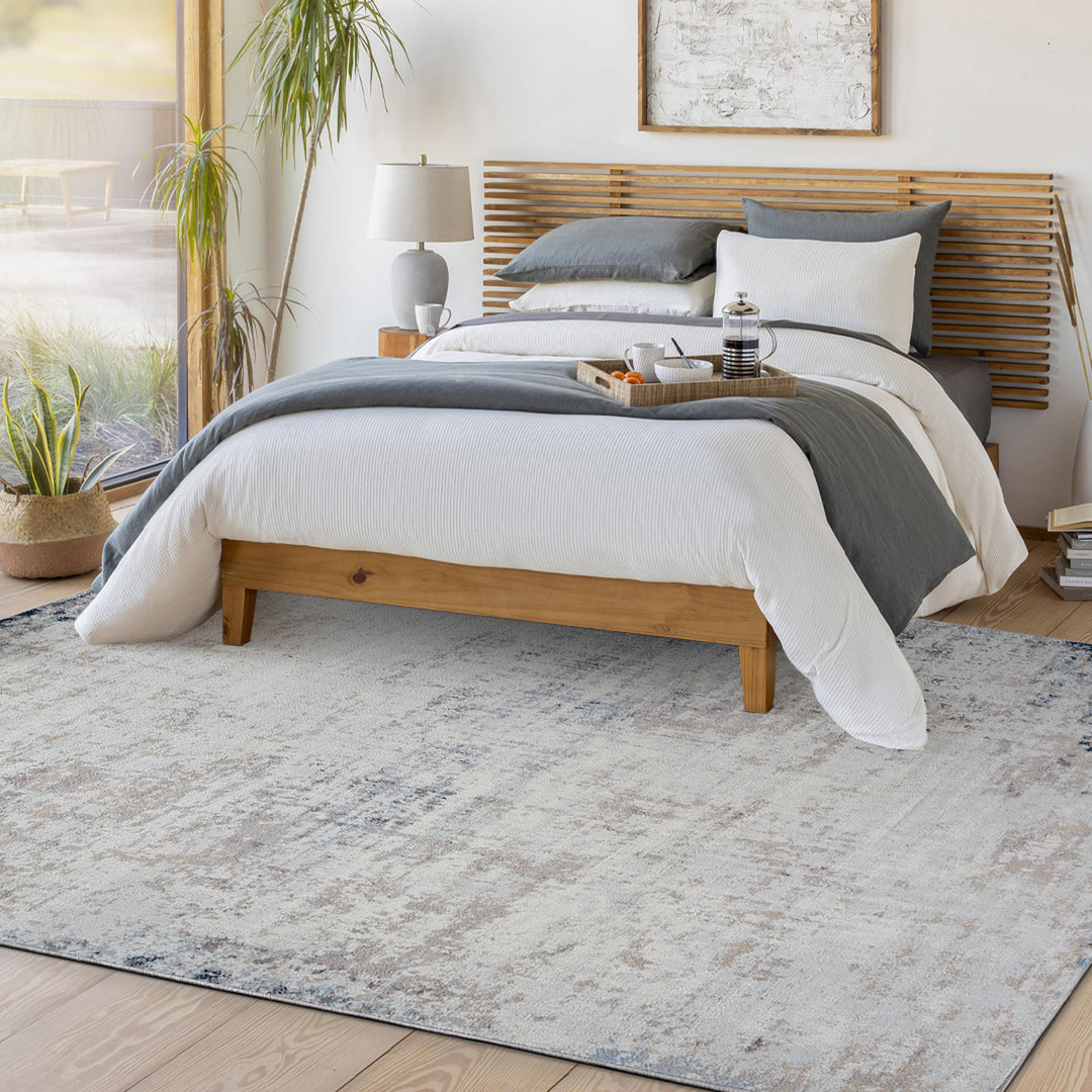 Tapis Rond Abstrait Moderne Ivoire/Gris/Bleu Rond