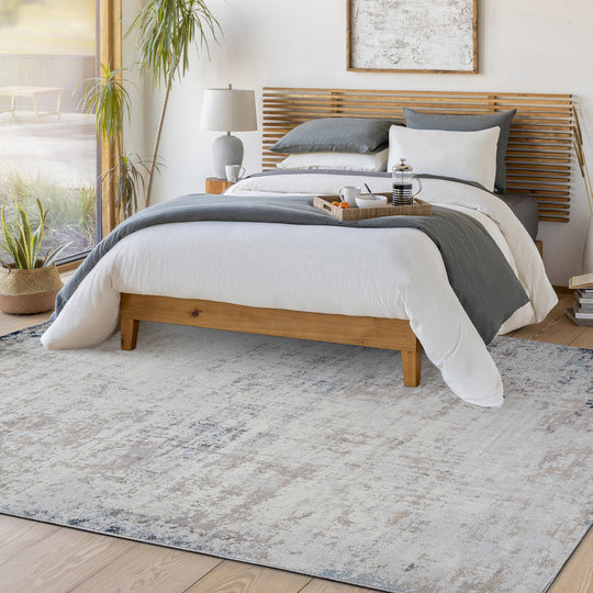 Tapis Rond Abstrait Moderne Ivoire/Gris/Bleu Rond