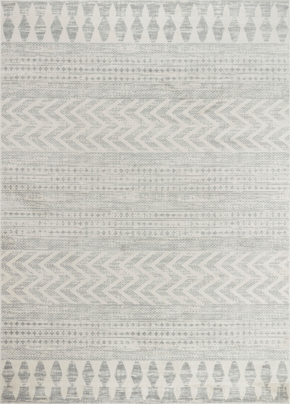 Tapis SURYA Louna scandinave, motif chevrons et frise losangée blanc cassé et gris, vue 7