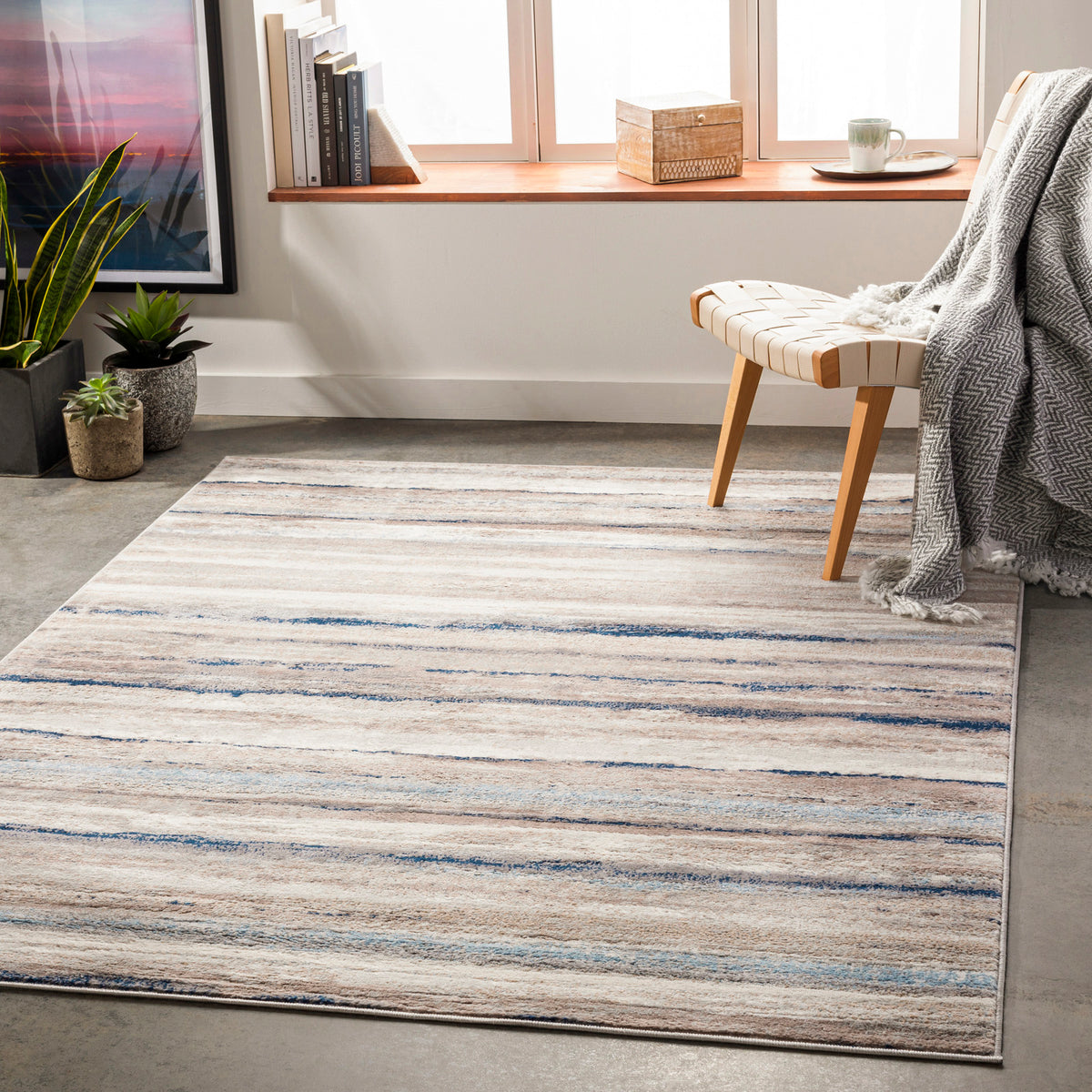 Tapis SURYA Dusel scandinave, motif rayures horizontales beige, crème et bleu, vue 12