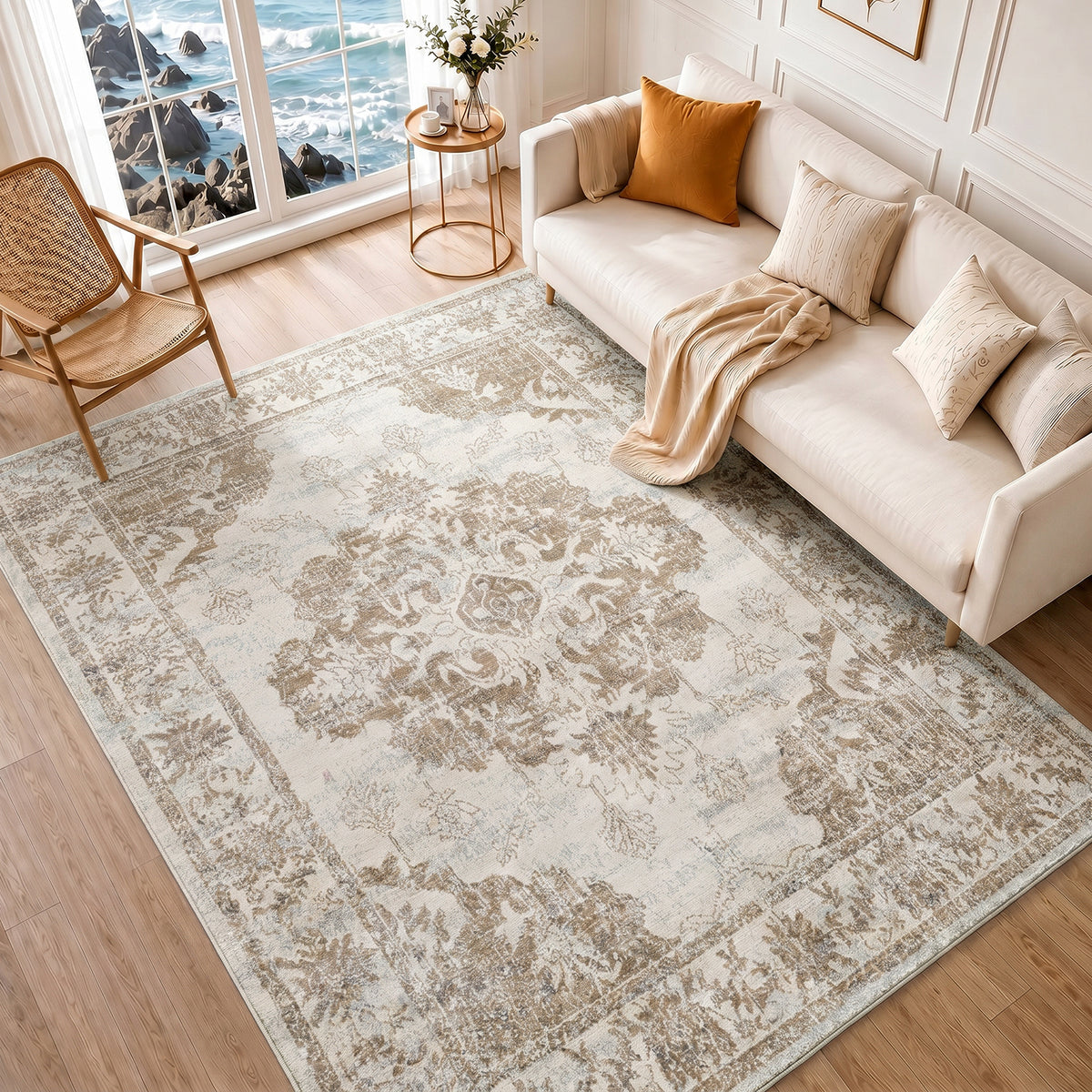 Tapis Surya Shawna vintage oriental, médaillon patiné beige et taupe sur fond ivoire, vue 2