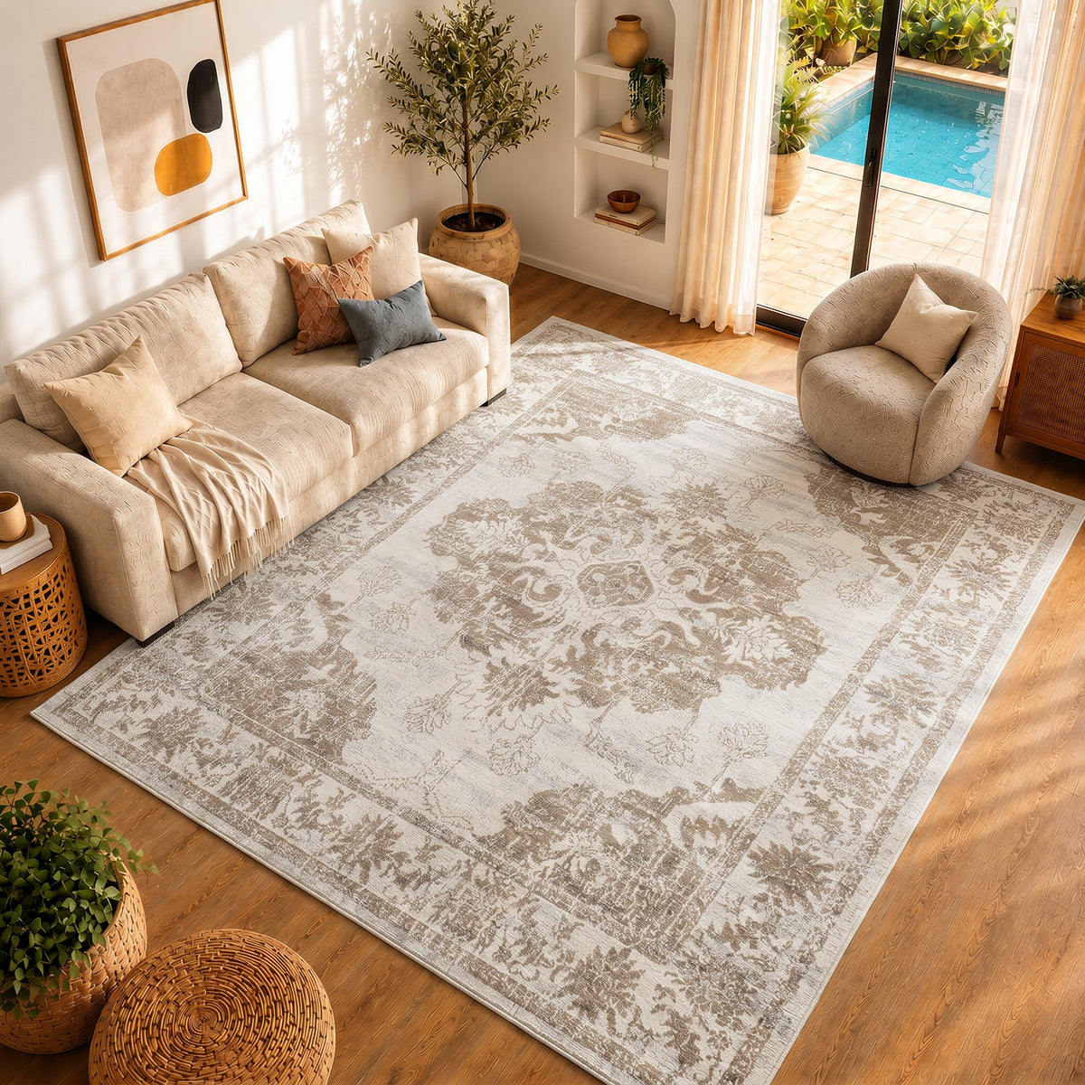 Tapis Surya Shawna vintage oriental, médaillon patiné beige et taupe sur fond ivoire, vue 9