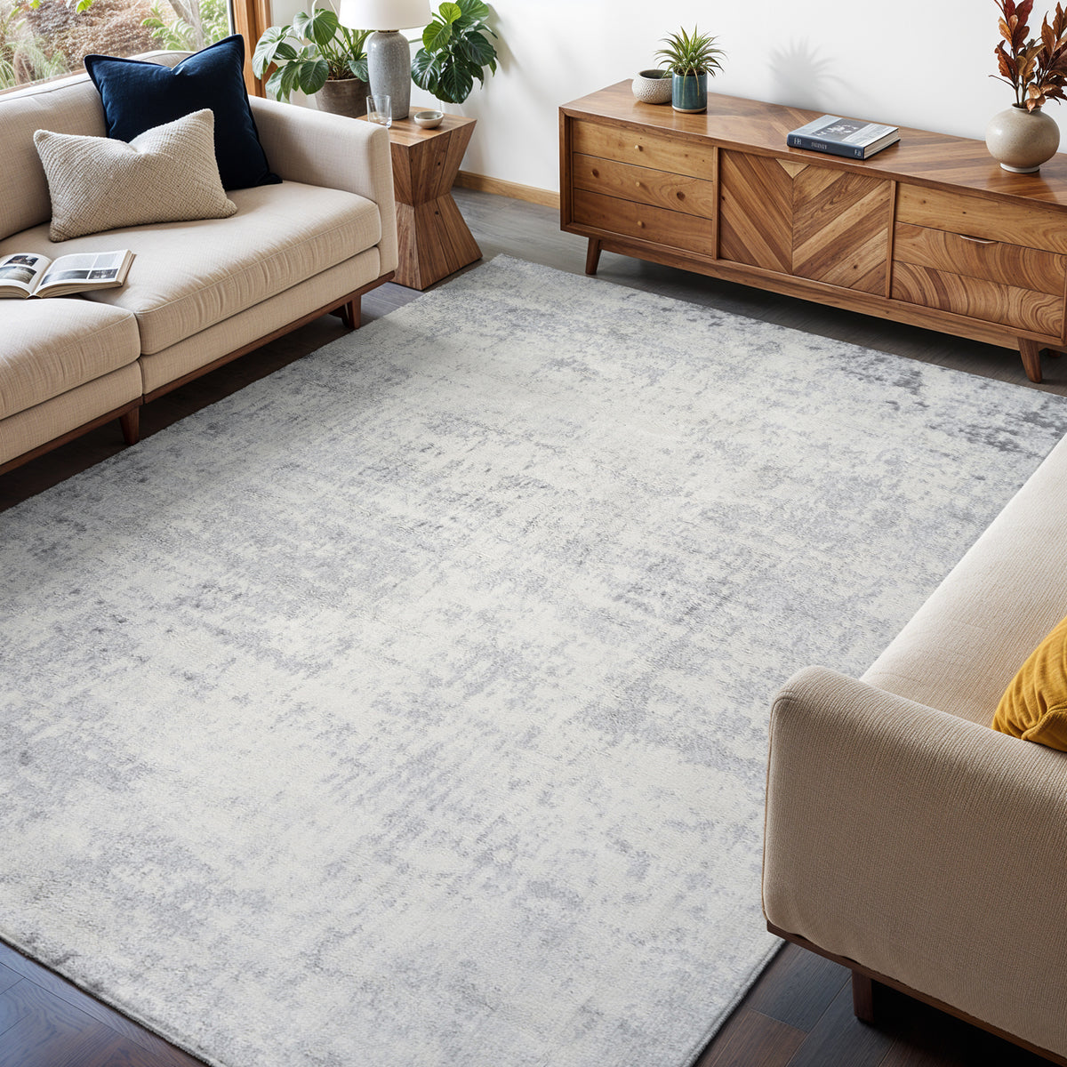 Tapis SURYA Alix moderne, motif abstrait patiné gris et anthracite sur fond blanc cassé, vue 8