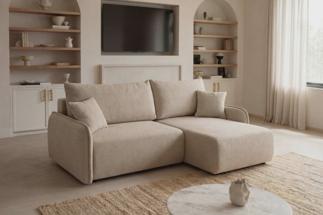 Canapé d'angle reversible SACHA tissu chiné beige — photo produit