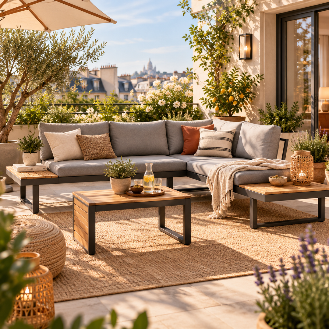 Salon de jardin 4 places DCB GARDEN Tokyo en bois d'acacia et aluminium gris anthracite — photo produit