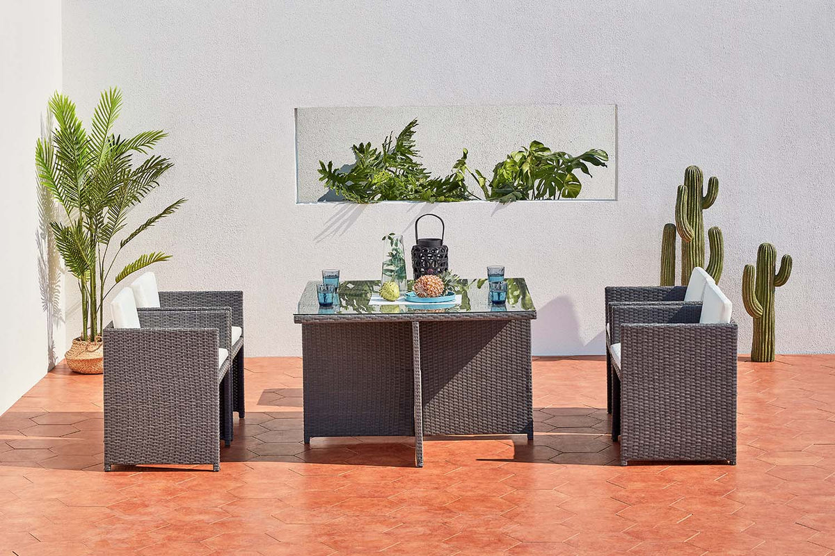 salon de jardin encastrable en résine tressée pour 4 personnes Gris et blanc
