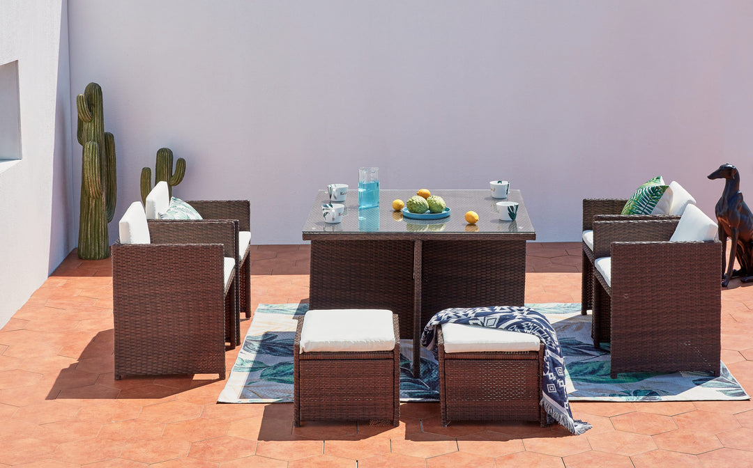 salon de jardin pour 8 personnes en résine tressée Marron et blanc