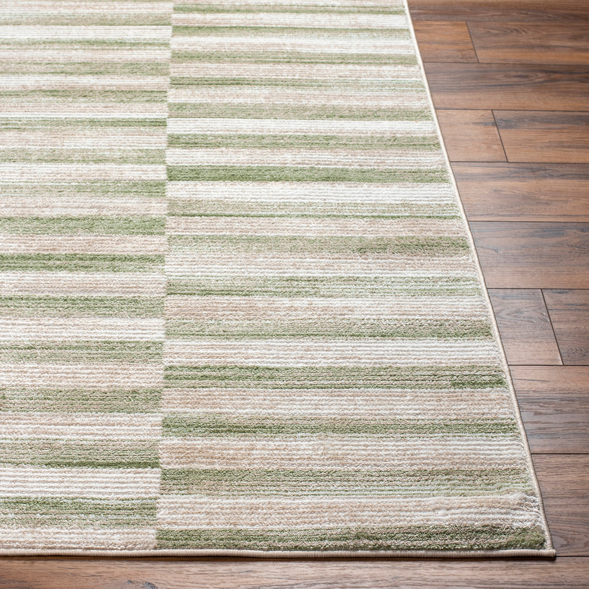 Tapis Surya Perla scandinave, rayures décalées vert sauge et ivoire, vue 6