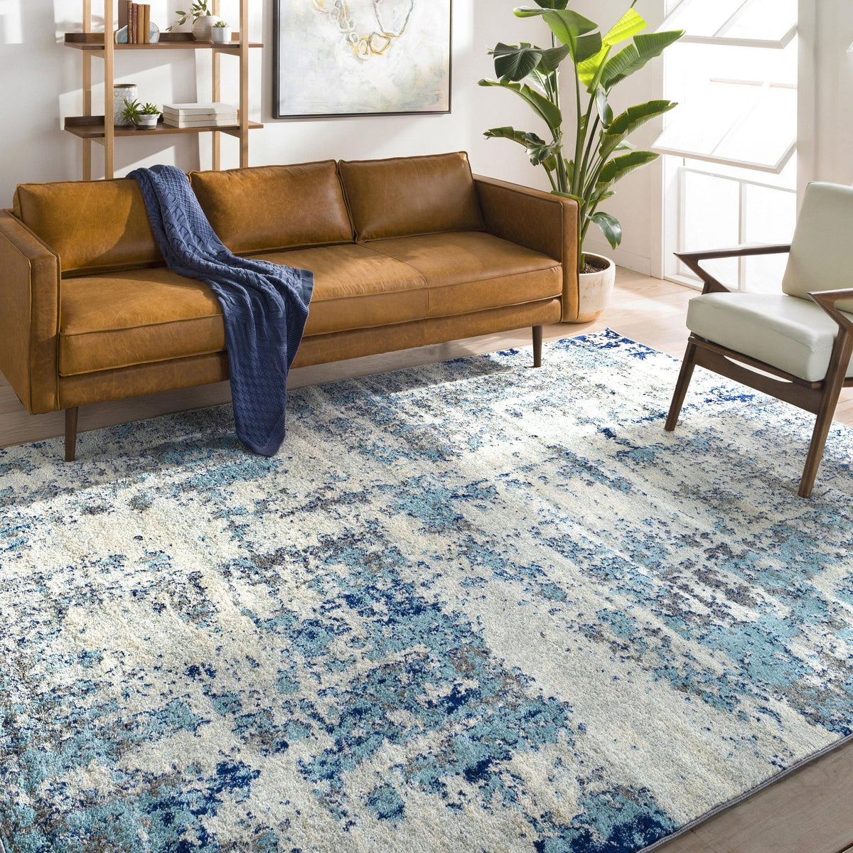 Tapis SURYA Dunkirk moderne, motif abstrait effet usé bleu foncé et turquoise sur gris clair, vue 7
