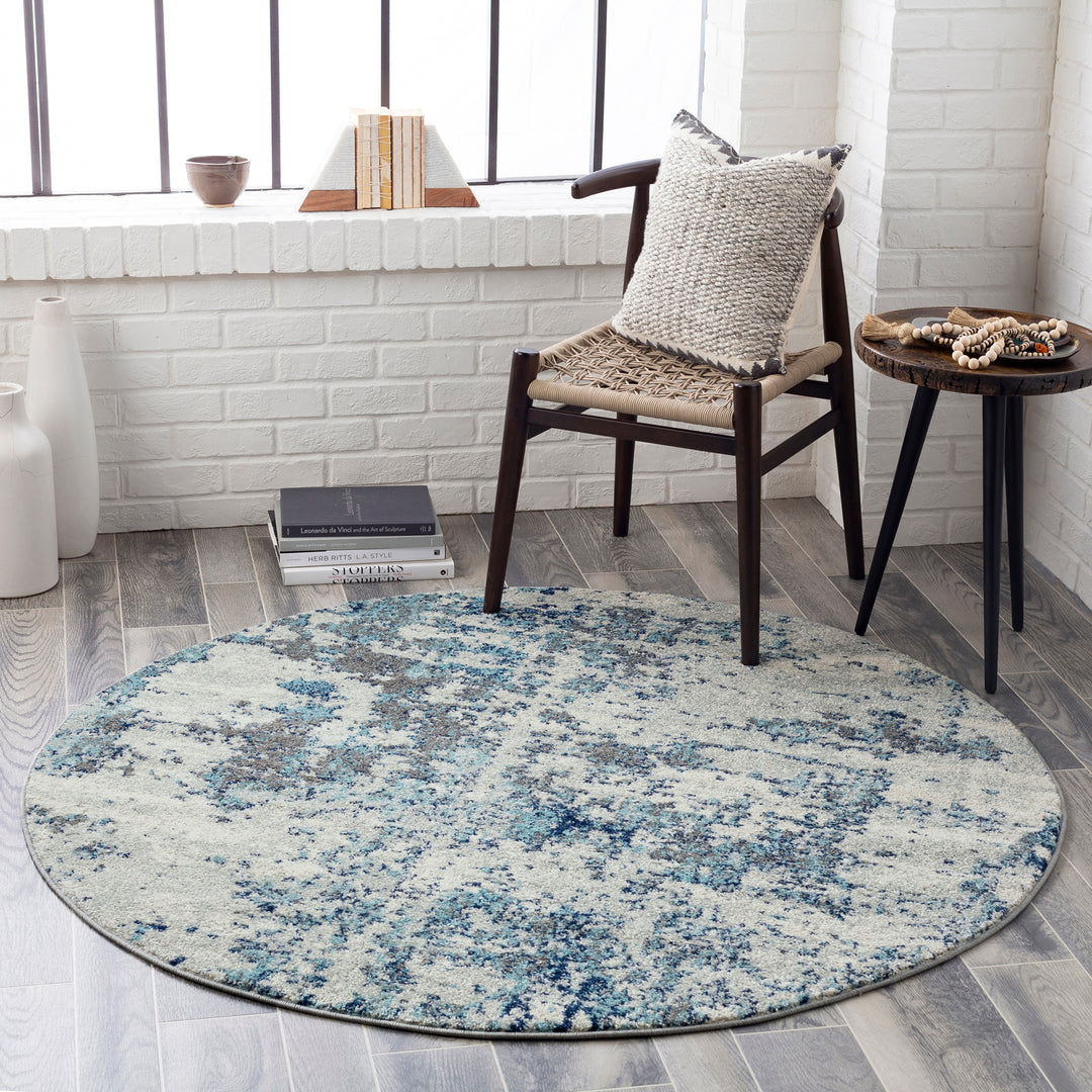 Tapis Rond Abstrait Moderne Bleu/Gris/Blanc Rond Dunkirk