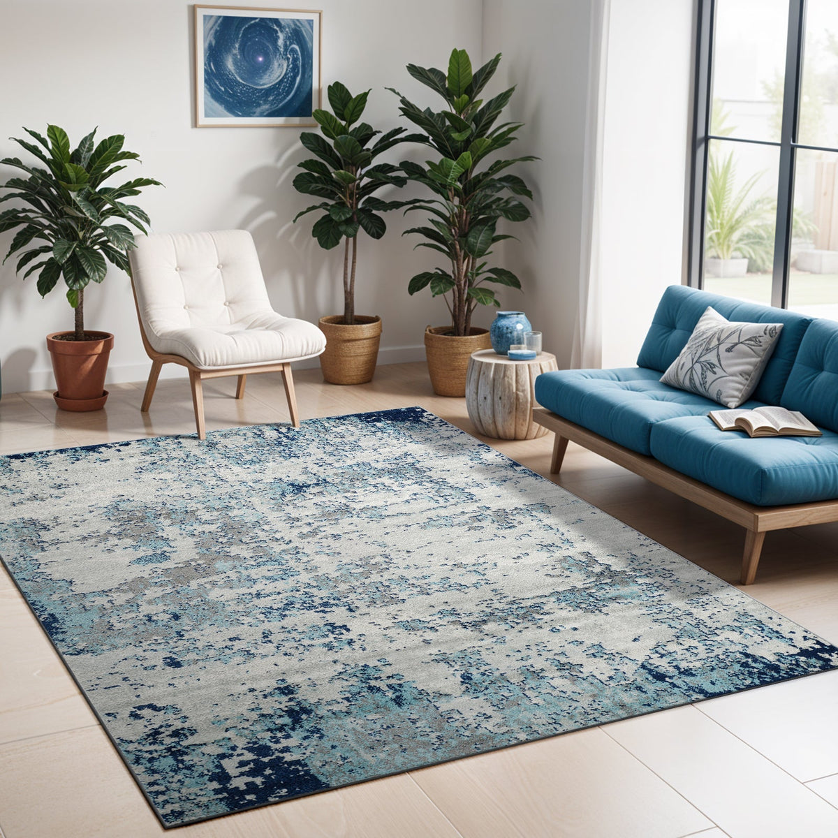 Tapis SURYA Dunkirk moderne, motif abstrait effet usé bleu foncé et turquoise sur gris clair, vue 8