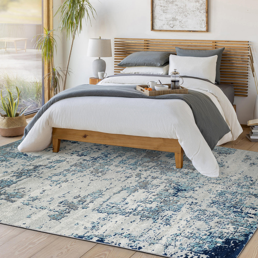 Tapis Rond Abstrait Moderne Bleu/Gris/Blanc Rond Dunkirk