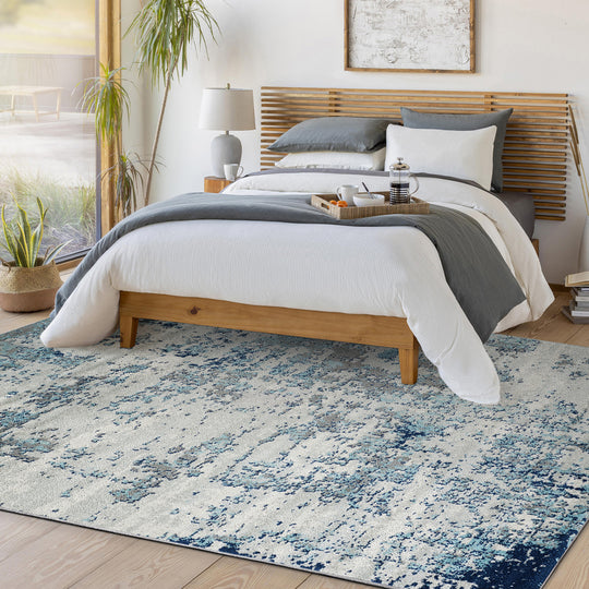 Tapis Rond Abstrait Moderne Bleu/Gris/Blanc Rond Dunkirk