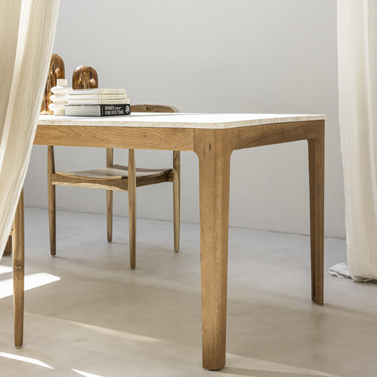 Table à manger DRAWER Kielce 8 personnes effet travertin et bois beige