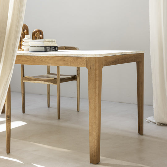 Table à manger Kielce 8 personnes effet travertin et bois Drawer - Léger défaut