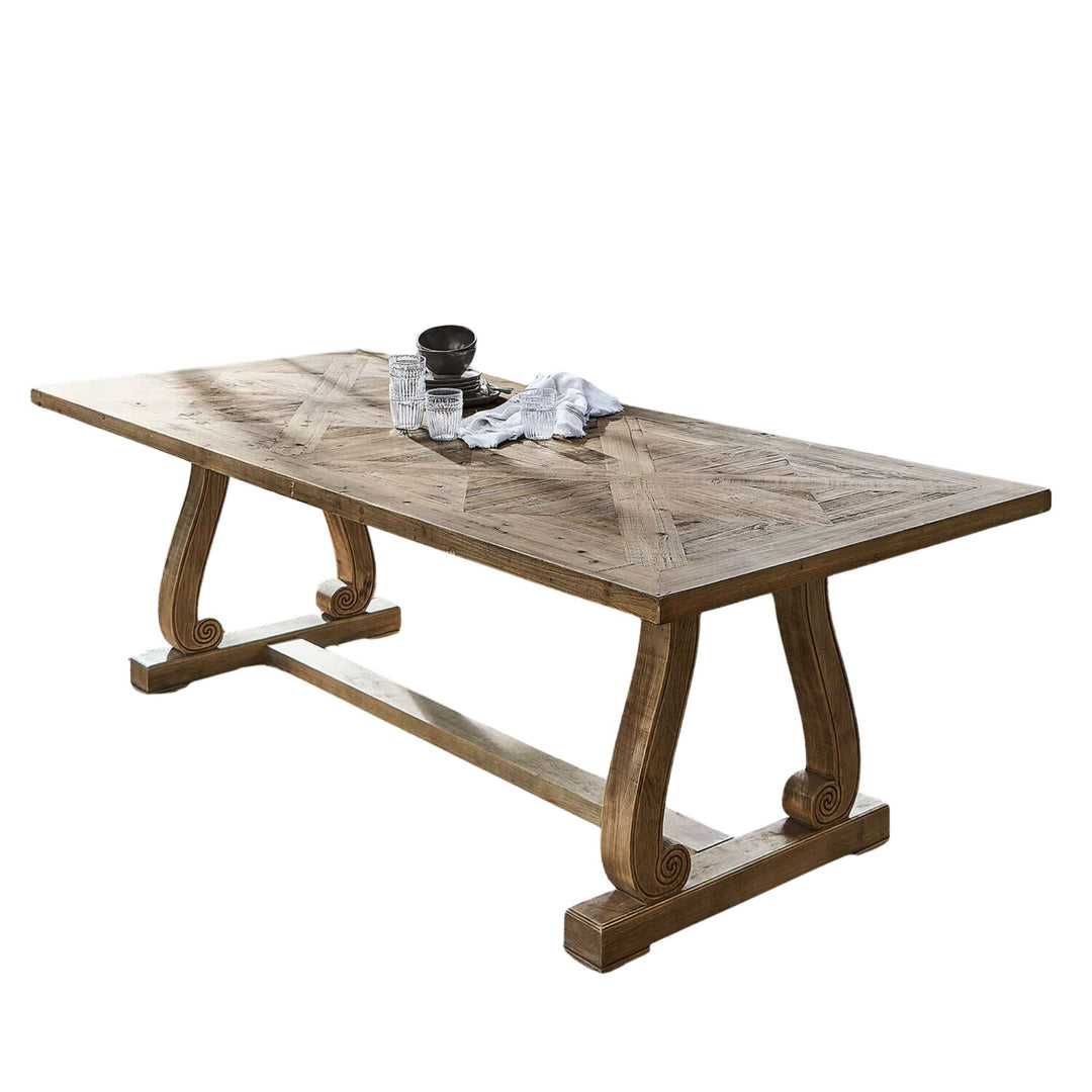 Table à manger LOBERON Campbelltown en bois de sapin revalorisé avec motif intarsia