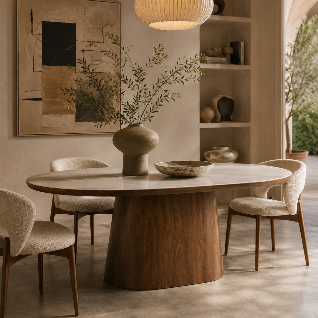 Table à manger ovale DRAWER Almira 8 personnes en pierre et bois foncé