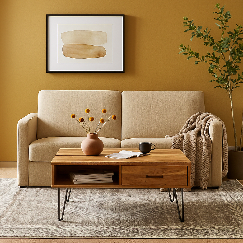 Table basse avec plateau relevable et un tiroir en acacia et métal