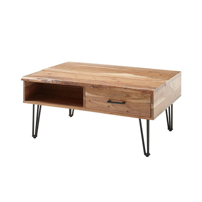 Table basse avec plateau relevable et un tiroir en acacia et métal