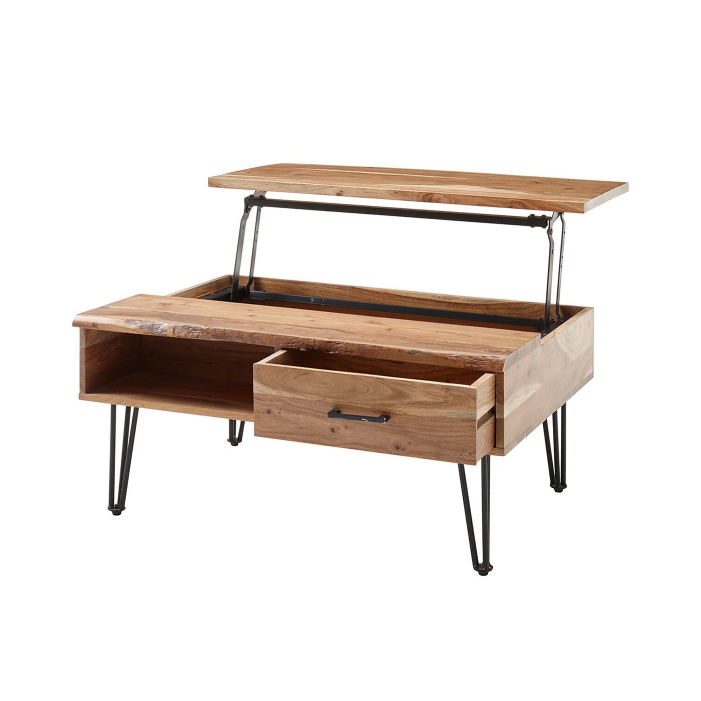 Table basse avec plateau relevable et un tiroir en acacia et métal