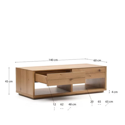Table basse KAVE HOME Alguema 2 tiroirs en placage de chêne finition naturelle 140 x 60 cm