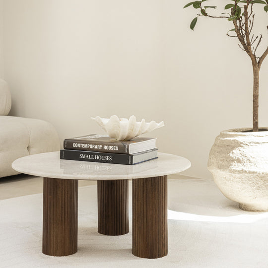 Table basse DRAWER Sula en marbre et bois massif ø80cm