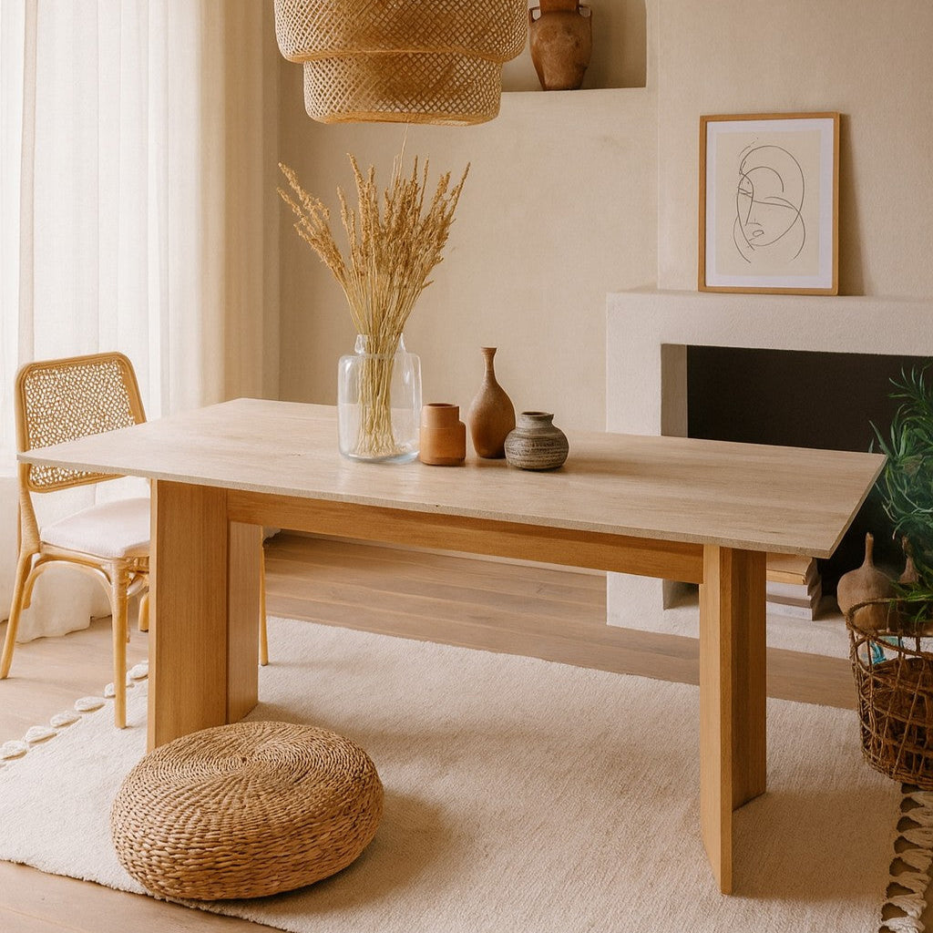 Table travertin chêne massif blanchi, Mindo AM.PM