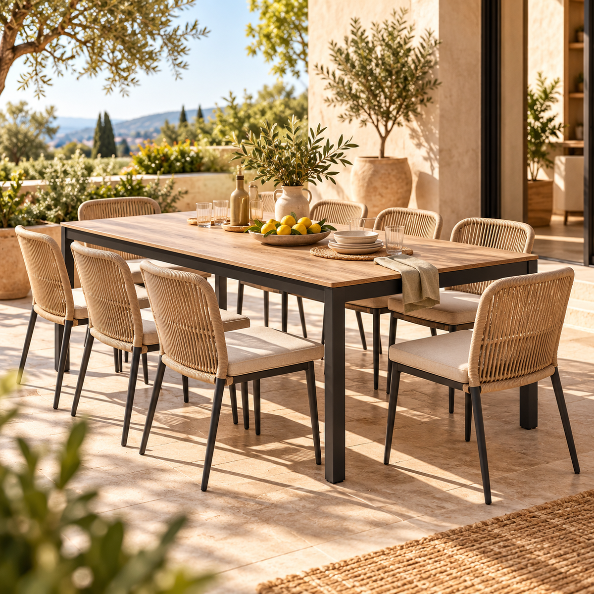 Table de jardin rectangulaire SCAN DESIGN 8 personnes en aluminium gris et composite Duraboard® imitation chêne — photo produit