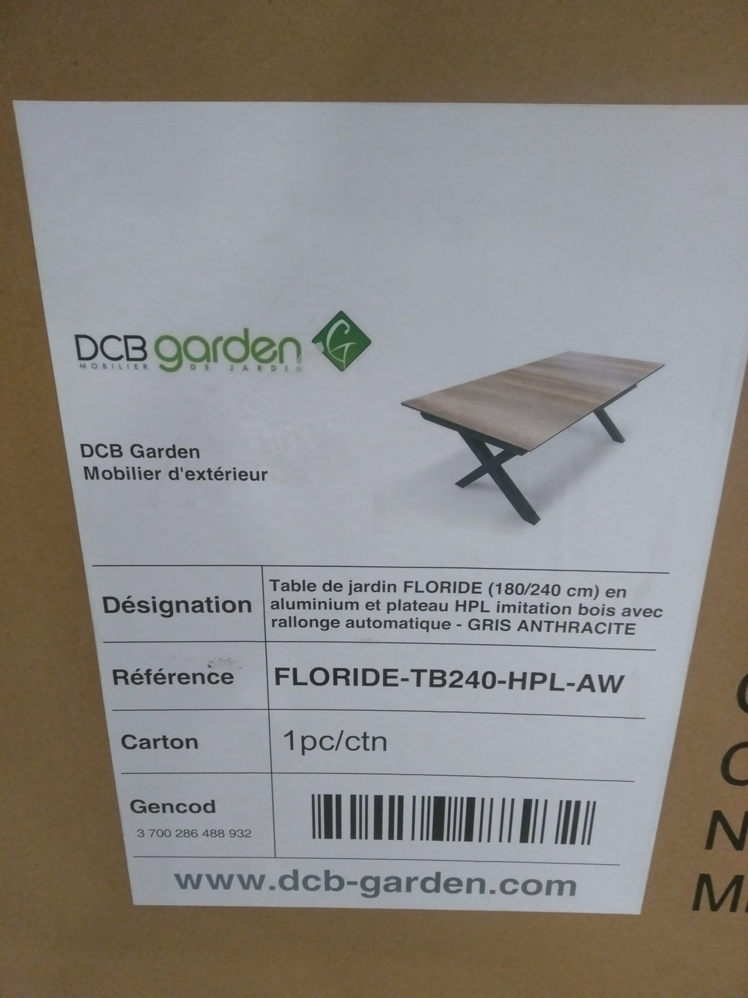 Table de jardin Floride aluminium extensible 240x100cm gris anthracite - DCB GARDEN — photo produit