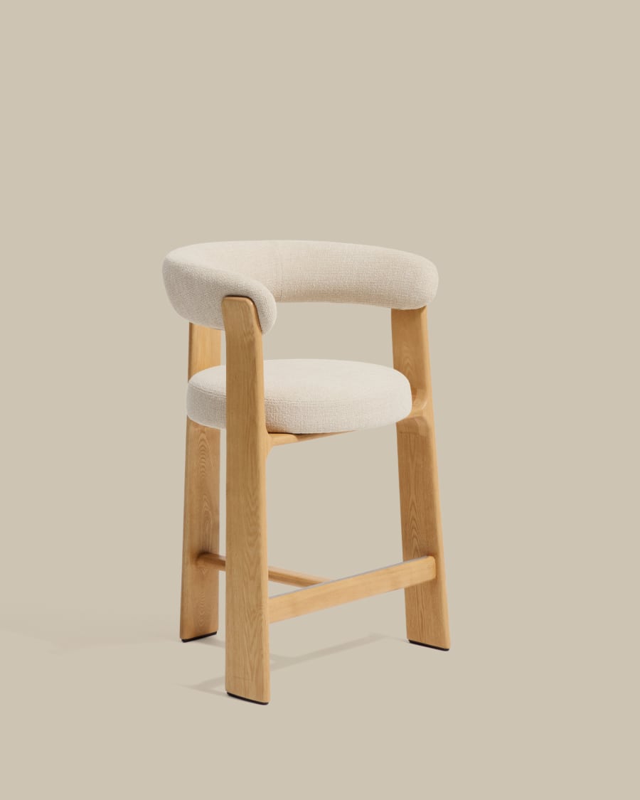 Tabouret de bar KAVE HOME Granite en bois et tissu chenille beige 65cm — photo produit