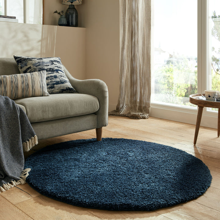 tapis shaggy rond bleu marine