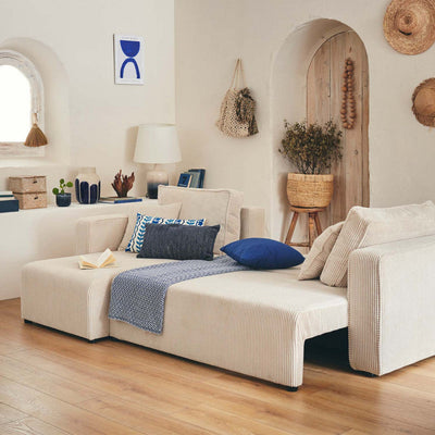 Canapé d'angle réversible Topaze 4 places convertible avec coffre en velours côtelé beige