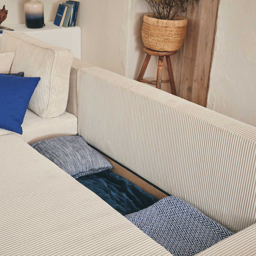 Canapé d'angle réversible Topaze 4 places convertible avec coffre en velours côtelé beige