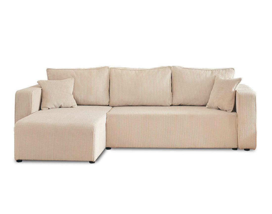 Canapé d'angle réversible Topaze 4 places convertible avec coffre en velours côtelé beige