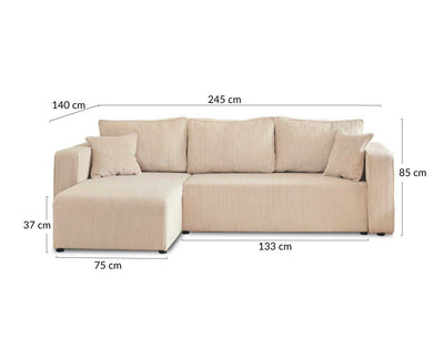 Canapé d'angle réversible Topaze 4 places convertible avec coffre en velours côtelé beige