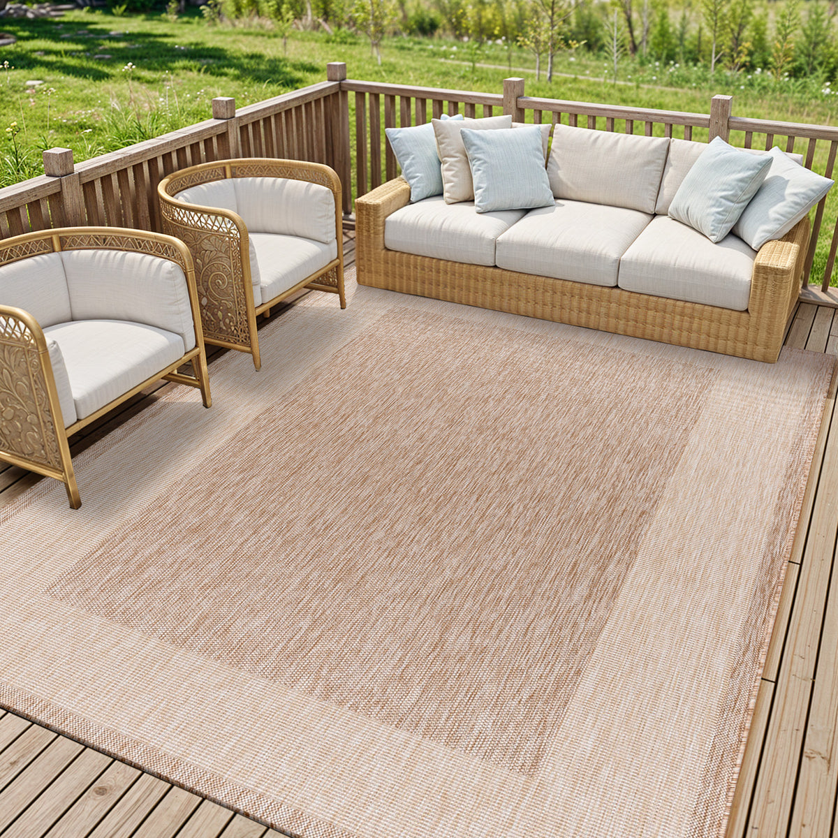 Tapis d'extérieur Surya Layla aspect jute, centre beige chiné et bordure ivoire, vue 2